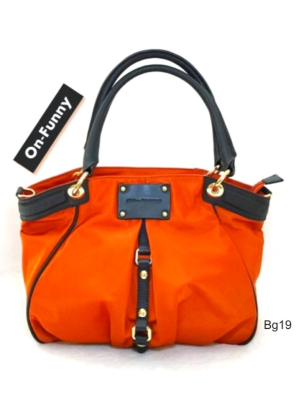 Orange Nylon Black Real Leather Trim Tote Travel Shopping Bag Carryall Shoulder